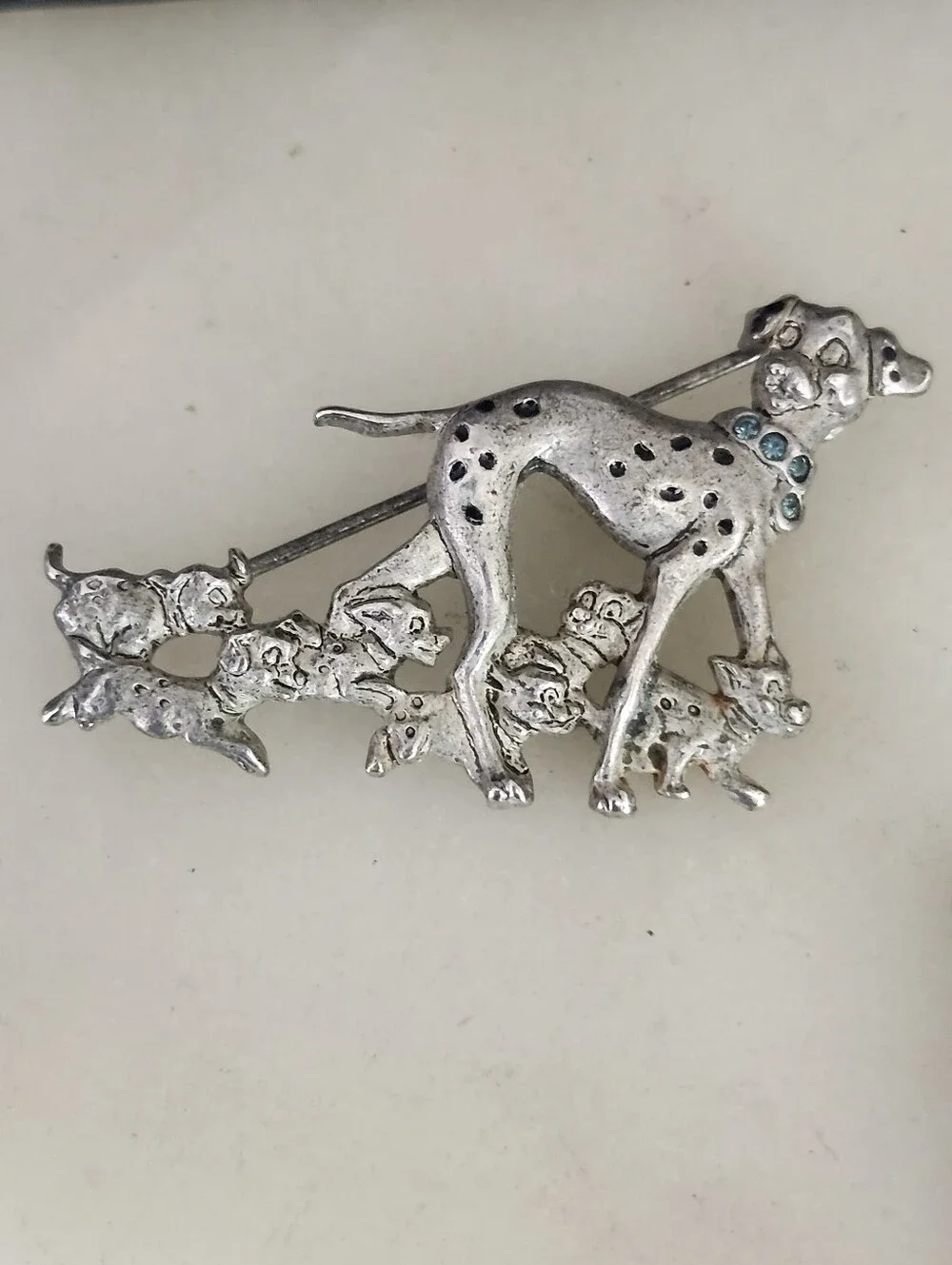 Silver Tone Dalmatian Mother & Puppies Brooch with Blue Accents